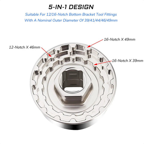5 In 1 Do It All External Cup Bottom Bracket Tool for 12/16 Notch 39/41/44/46/49mm displayed with notch sizes and design