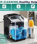 Quick Freeze Countertop Ice Maker Portable Machine With Scoop And Basket churns 26 pounds daily ready in 6 minutes with self-cleaning feature.