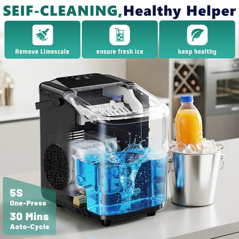 Quick Freeze Countertop Ice Maker Portable Machine With Scoop And Basket churns 26 pounds daily ready in 6 minutes with self-cleaning feature.