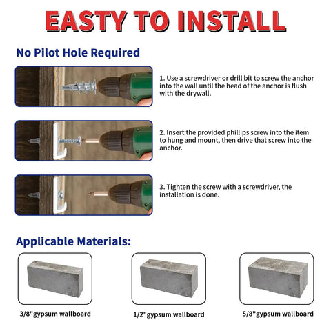 DIY Drywall Anchors And Screws Kit with installation steps for mounting on gypsum wallboards