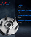 Front Wheel Bearing Hub Assembly 515003 4X4 Fits Ford Explorer 1995-2001, Ranger 2001-2009, 5-lug ABS hub front view