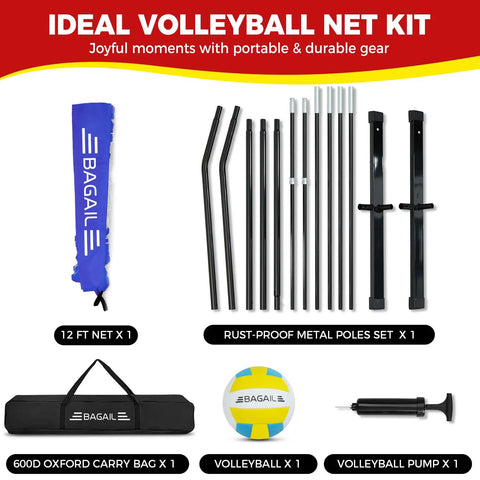 Portable 12Ft Volleyball Net Set for Backyard Bash with adjustable height, freestanding frame, heavy duty base, carry bag, and net.