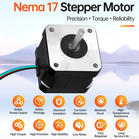 5 Pack Nema 17 Stepper Motors Bipolar 2 Phase Dope Torque For DIY Builders with icons showing features like precision and reliability