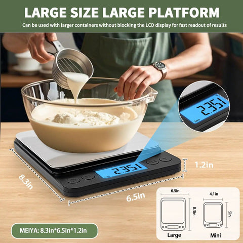 Person weighing ingredients on digital kitchen scale with large glass bowl, displaying 2.35, Digital Kitchen Scale For Cooking And Baking, 5Kg Capacity, 0.1g Precision, USB Rechargeable, Two Tray Stainless Steel Pan, Backlit LCD Display, Easy Clean, Pro Grade High Accuracy Food Scale shown