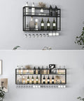 Top Shelf Wall Mounted Wine Rack With Dual Tier Wood And Metal Shelves For Bottles And Glasses Hella Ready Home Bar Display Stand in matte black
