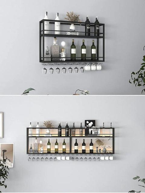 Top Shelf Wall Mounted Wine Rack With Dual Tier Wood And Metal Shelves For Bottles And Glasses Hella Ready Home Bar Display Stand in matte black