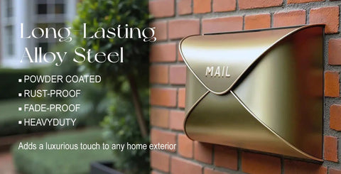 Sturdy Outdoor Wall Mount Mailbox With Gold Finish Built To Last Waterproof Weatherproof Envelope Mailbox For Outside Use Tough As Nails Modern Durable Metal Box For Home Or Porch on brick wall