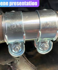 Close-up of 2 Inch Exhaust Clamp Kit Stainless Steel Muffler Clamp Universal Butt Joint Band on automotive exhaust pipe