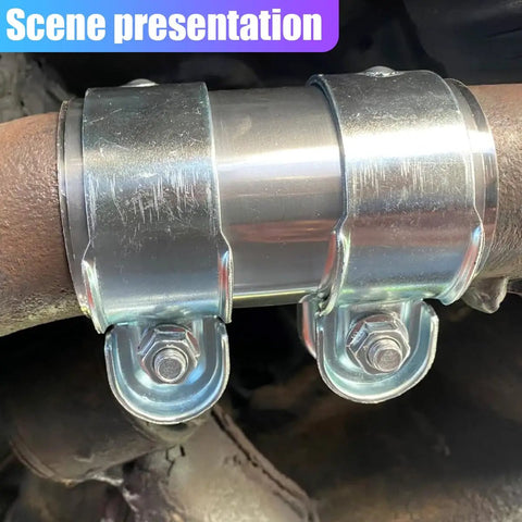 Close-up of 2 Inch Exhaust Clamp Kit Stainless Steel Muffler Clamp Universal Butt Joint Band on automotive exhaust pipe