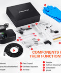 Components of Airbrush Kit With Compact Compressor, 22/30/50 PSI Adjustable Spray Pressure, Non Clogging Performance displayed.