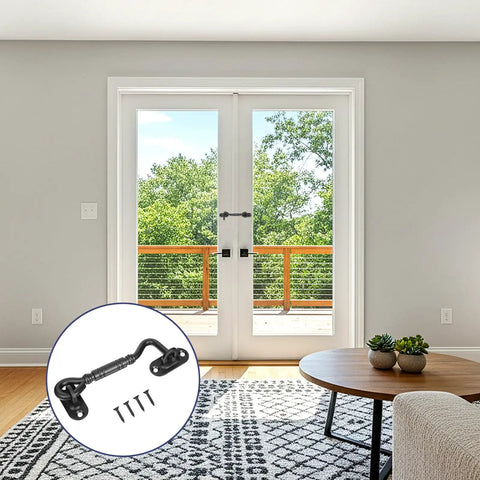 Beefy Heavy Duty Stainless Steel Barn Door Hook Latch Set With Screws 4 And A Quarter Inch Rust Resistant shown with installed view on doors.