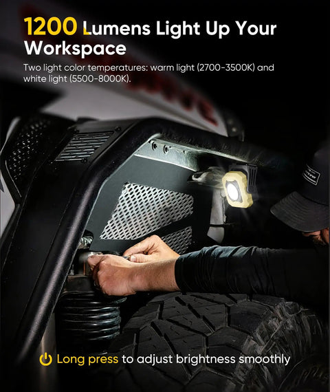 Rechargeable Magnetic Work Light With 1200 Lumen Output 360 Degree Rotating LED Spotlight And Floodlight illuminating under car hood