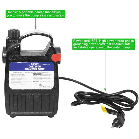 Beefy Heavy Duty Transfer Pump 115V 1/2 HP Delivers 1500 GPH High Pressure Water Transfer With Suction Strainer and Brass Connectors For Standard Three Quarter Inch Hose Black, showing portable handle and 6ft power cord.