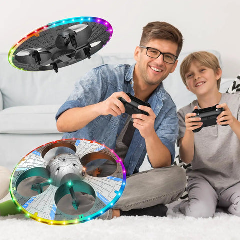 Father and son playing with Foam Round RC UFO Drone With Camera Light Up LED Night Lights Color Switching 360 Degree Flips