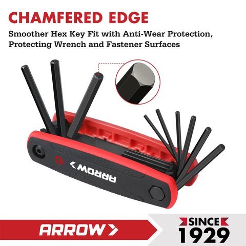 Folding 17 Piece Allen Wrench Set with SAE and Metric Hex Keys, Cr-V Steel, highlighted chamfered edges, dual pack multitool