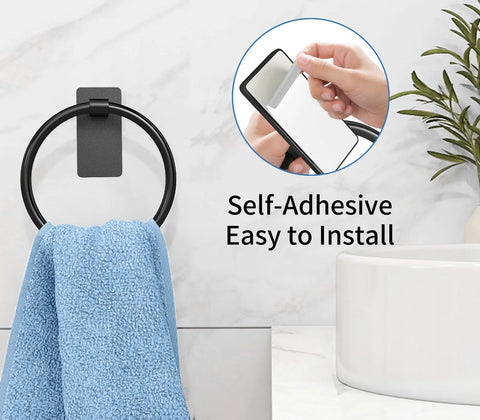 Adhesive Towel Ring For Bathroom No Drilling Install Easy Mount Hand Towel Holder, with blue towel, next to a white sink.