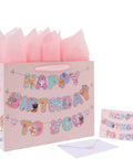 13 Inch Large Cat Birthday Gift Bag Set With Handles, Greeting Card, Pink Tissue Paper, Kitty Themed Stickers for Girls, Teens