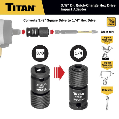 Three Eighths Inch Square Drive To One Quarter Inch Hex Quick Change Adapter for impact wrenches and ratchets.