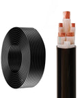 Hardcore YJV Power Cable Featuring Pure Oxygen Free Copper Conductors And Thick Bend Resistant PVC Jacket For Outdoor EV Charging And Industrial Wiring Runs 25 Foot Heavy Gauge, displaying rolled black cable.