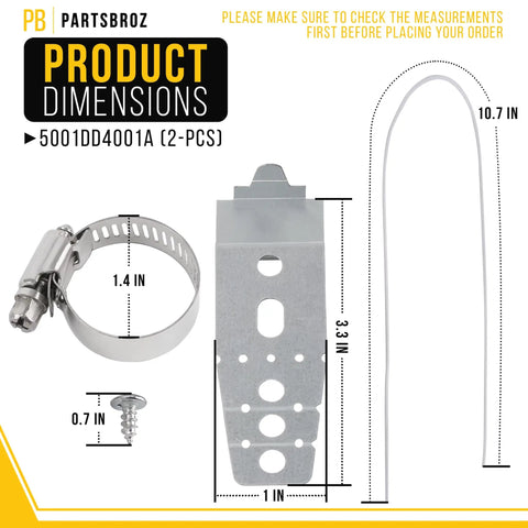 Two Pack LG Dishwasher Mounting Bracket Replacement dimensions and parts displayed, including metal bracket and clamp.