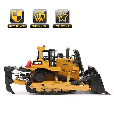 Side view of One Fifty Scale Diecast Metal Dozer Toy With Tilt Blade And Working Tracks showing detailed cab and ripper