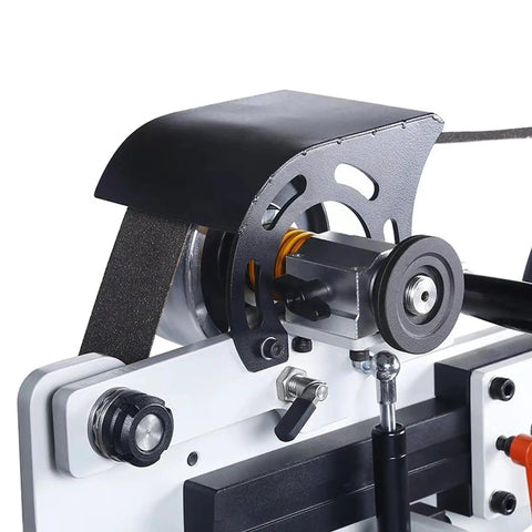 Hella Tough Variable Speed Belt Sander With 72 By 2 Inch Sandpaper Belt close-up of motor and belt system for efficient sharpening.
