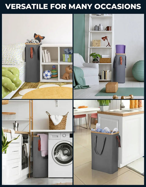 Slim Laundry Basket With Lid Collapsible Narrow Hamper With Removable Washable Bag Made Of Bamboo And Oxford Fabric 52L Gray in various home settings.