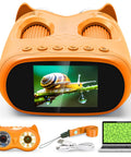 2 In 1 Kids Microscope And Telescope 1000X Magnification Portable STEM Toy For Outdoor Explorers Learn Insects Leaves Rocks Birds And Distant Landscapes Up Close And Far Away On Family Adventures And Class Projects. orange cat-shaped digital microscope with display, cable, and laptop