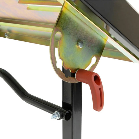 Heavy Duty Foldable Welding Table With Rock Solid Hold Industrial Workbench Built Tough For Shop Hustle showing adjustable clamp on bracket.