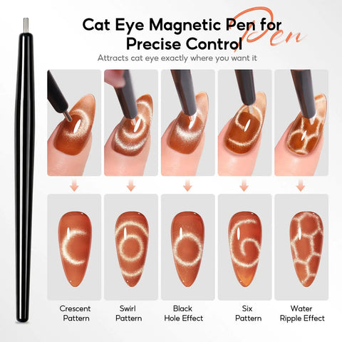 Cat Eye Nail Magnet Set 10pc With 3 In 1 Magnetic Pen showing design patterns on nails