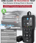 Universal OBD2 Scanner With 65,000 Plus DTCs next to car for emission and smog check, showing I/M readiness status.