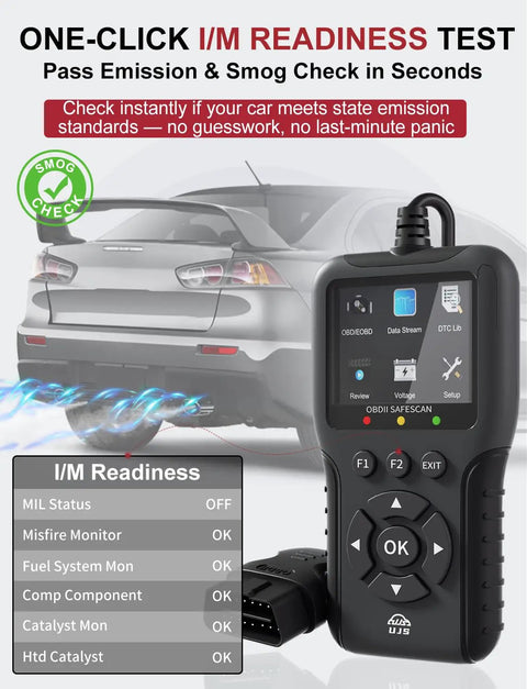 Universal OBD2 Scanner With 65,000 Plus DTCs next to car for emission and smog check, showing I/M readiness status.