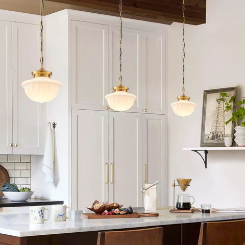 Schoolhouse Pendant Light Fixture 9 Inch Brass Gold Milk Glass Shade Adjustable Mid Century Ceiling for Kitchen