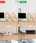Before and after using All-In-One Cable Management Box Kit For Desk And Floor Cord Organizer Hides Power Strips And Wires