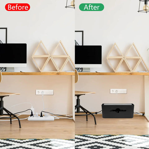 Before and after using All-In-One Cable Management Box Kit For Desk And Floor Cord Organizer Hides Power Strips And Wires