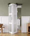 36x84 Inch White Bifold Barn Door With Hardware Kit Included Pre Drilled Holes For Easy Assembly shown in laundry room