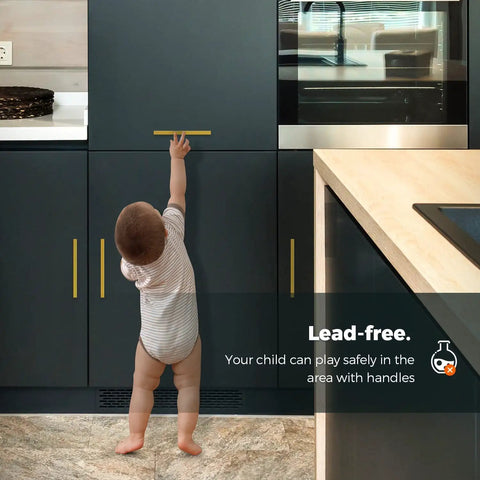 Child reaching for Gold Cabinet Pulls 30 Pack 5 Inch Modern Square Brushed Brass Drawer Handles For Kitchen Cabinets With Durable Brushed Brass Finish And Easy Install Upgrade Your Kitchen 7 3 8 Inch Overall Length