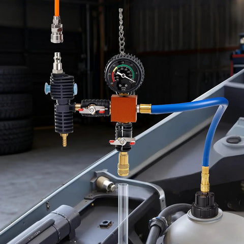 Shop Grade Radiator Coolant Pressure Tester Kit With Vacuum Refill Tool Universal Adapters for quick leak detection with gauge.