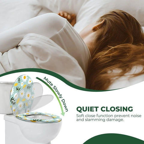 Elongated Toilet Seat Cover Quiet Close for Bathroom with floral design, demonstrating soft close feature in use.