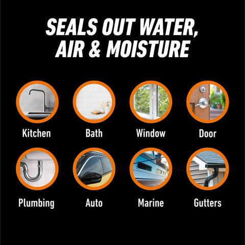 Gorilla 100% silicone sealant, clear, 10 oz cartridge; graphic shows eight home-improvement icons.