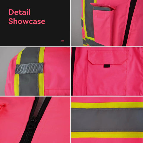 Detail showcase of Women Hi Vis Safety Jacket With Hood Built For Work, Waterproof Winter Coat with Reflective Strips, Pink