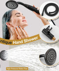 RomceBath Antique Oil Rubbed Bronze Rain Shower Head Faucet System with 6 Body Jet, handheld shower head in use with high pressure water flow.
