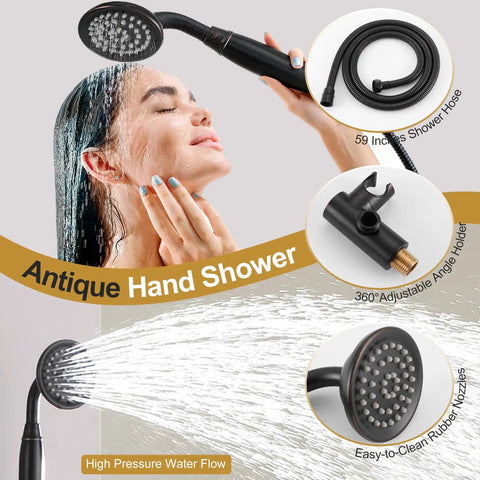 RomceBath Antique Oil Rubbed Bronze Rain Shower Head Faucet System with 6 Body Jet, handheld shower head in use with high pressure water flow.