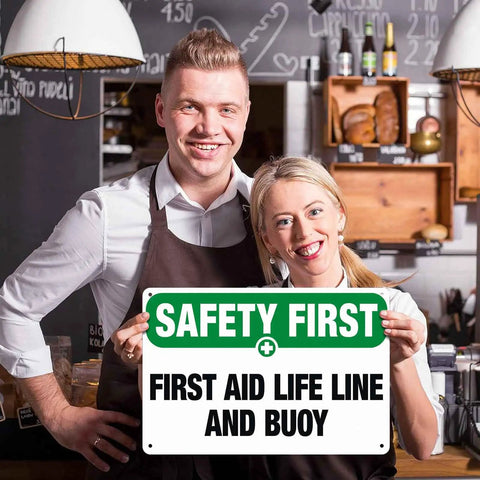 Durable 8x12 Inch Aluminum Safety Sign Life Line And Buoy held by smiling cafe workers indoors