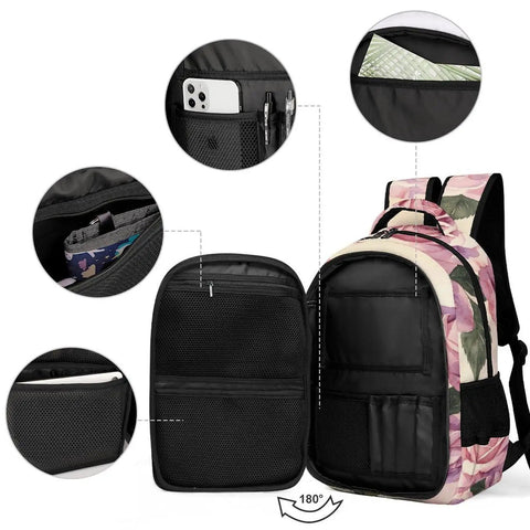 Vintage Rose Bouquet Print Backpack unisex large capacity durable polyester with open compartments and storage pockets