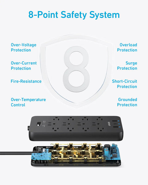 Internal view of 8-point safety system in Power Strip With 2100J Surge Protector and 5ft Extension Cord.