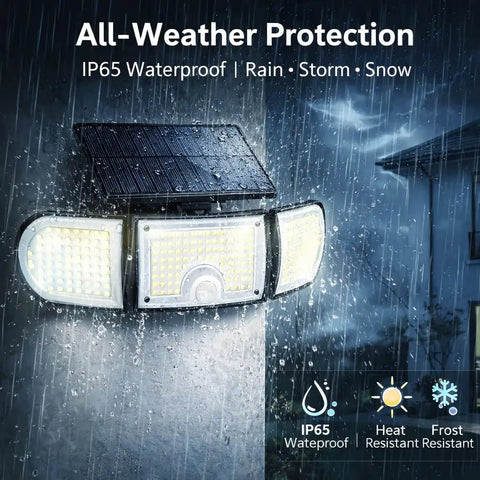 Solar Motion Sensor Outdoor Flood Lights With 3000 Lumen Output And Three Adjustable Heads Ultra Bright Remote Control IP65 Waterproof 270 Degree Wide Angle Security Lighting For Garage Yard Patio Driveway 2 Pack under rain showing IP65 waterproof feature