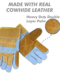 Leather work gloves with double layer palm detail, part of Deck Wrecker Pallet Breaker Tool For Quick Pallet Teardown And Deck Board Removal