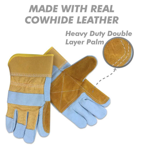 Leather work gloves with double layer palm detail, part of Deck Wrecker Pallet Breaker Tool For Quick Pallet Teardown And Deck Board Removal