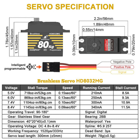 Specifications of Beefy Waterproof 80kg Servo With Brushless Motor High Torque For 1/8 And 1/10 RC Crawlers Cars Trucks Buggy